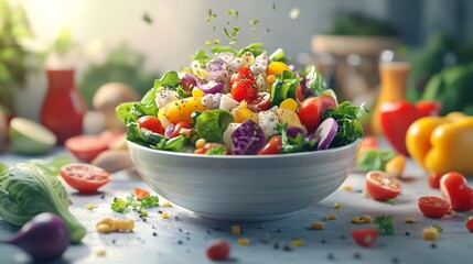 Fresh and Colorful Salad Bowl with Assorted Vegetables and Fruits Surrounded by Ingredients in a Bright Kitchen Setting