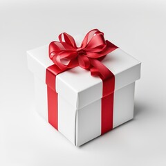 Fototapeta premium White gift box with red ribbon bow isolated on white background