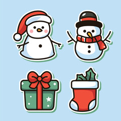 Cute Christmas Icons: Snowmen, Gift Box, and Stocking with Holly