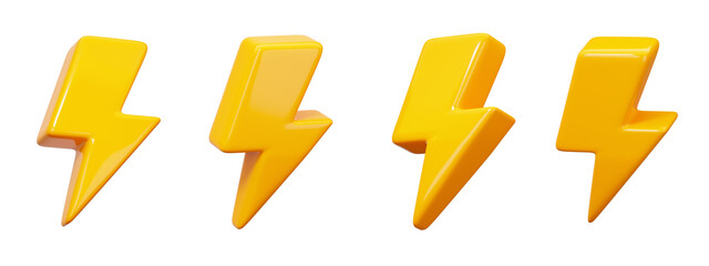 Set of Yellow 3D Lightning Flash Bolt Icon,Energy Symbol in Different Angles Isolated on Transparent Background,Modern Minimalist Style for Energy and Power Concept