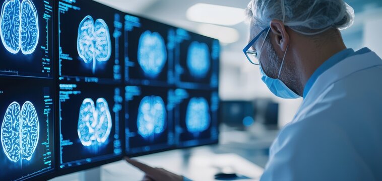 Blockchain Healthcare Trial concept. A medical professional examines brain scans on multiple monitors, highlighting the importance of technology in modern healthcare. - Powered by Adobe