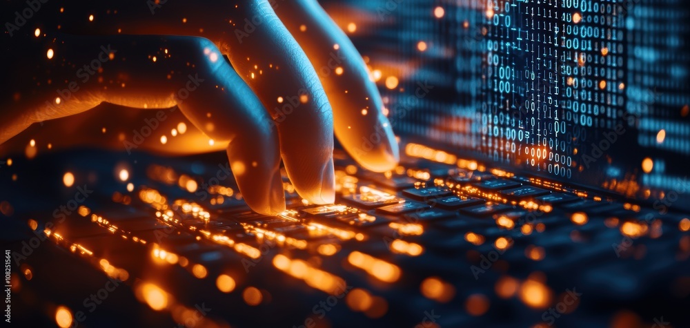 Leinwandbilder Blockchain Healthcare Trial concept. A close-up of a hand typing on a keyboard, with glowing orange particles and binary code in the background, representing digital technology and cyber interactions.