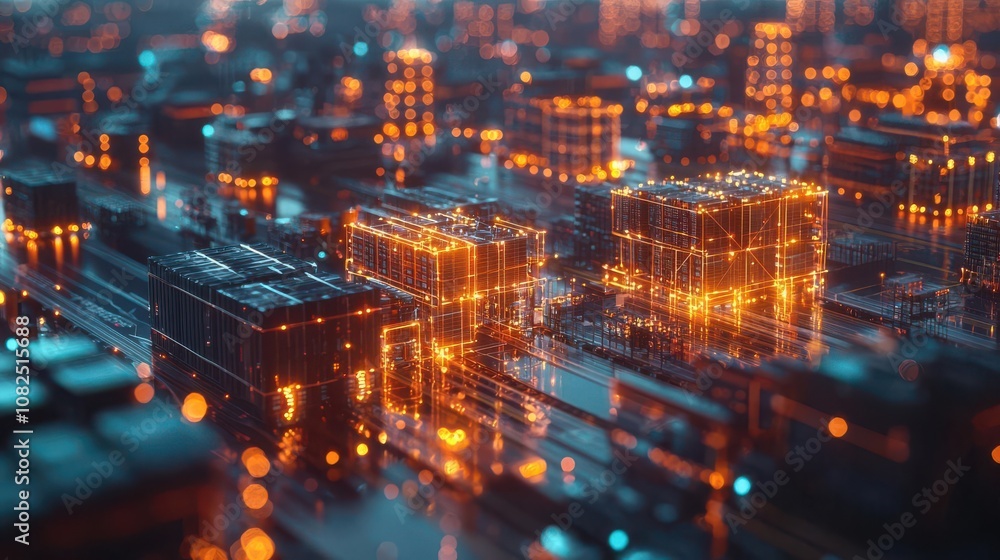 Poster futuristic cityscape with glowing circuits and structures in a digital environment