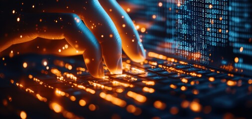 Blockchain Healthcare Trial concept. A close-up of a hand typing on a keyboard, with glowing orange particles and binary code in the background, representing digital technology and cyber interactions.