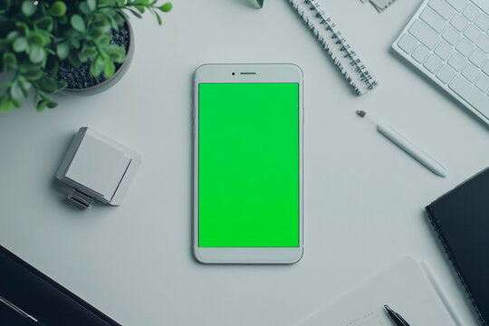 A white smartphone with a green screen is lying on a white desk with office supplies scattered around it - Powered by Adobe