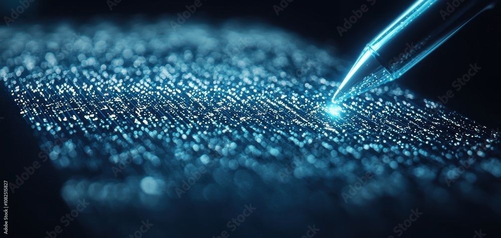 Poster Blockchain Healthcare Trial concept. The image features a close-up view of a pen touching a textured surface, highlighting sparkling details illuminated in blue light.