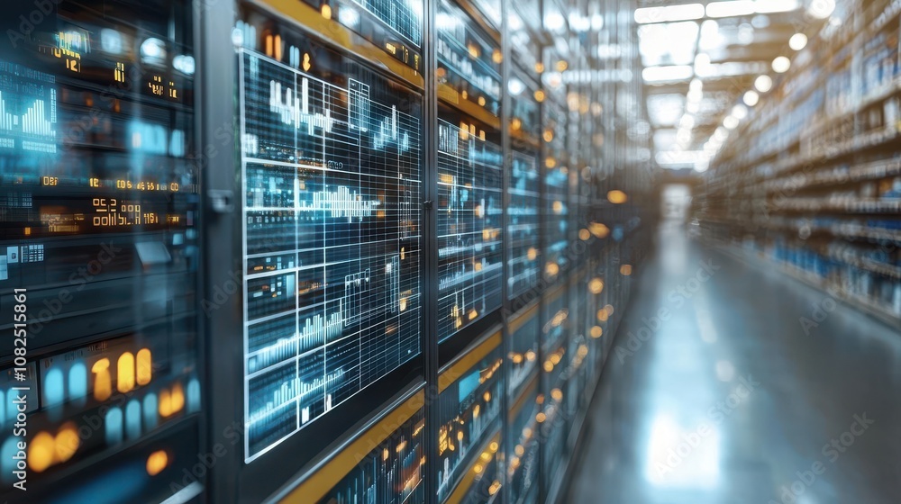 Poster high-tech data center with illuminated server racks and high-performance equipment