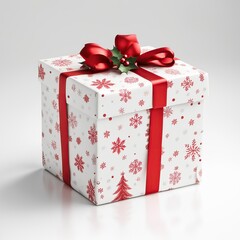 White gift box with red ribbon and snowflakes on a white background