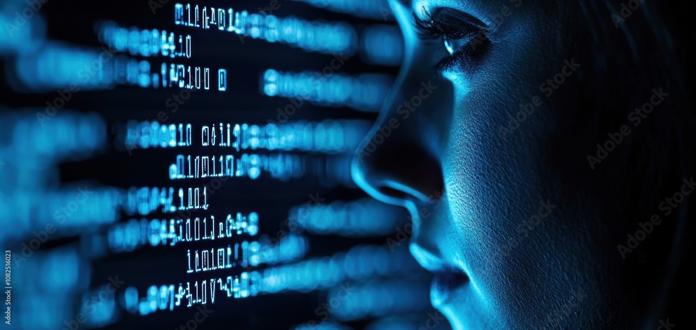 Aufkleber Blockchain Healthcare Trial concept. A close-up of a person's face illuminated by blue digital code, symbolizing technology, data analysis, and the intersection of humanity and coding.