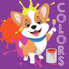 Kawaii illustration. Cute Corgi puppy with brush and paint on splash background