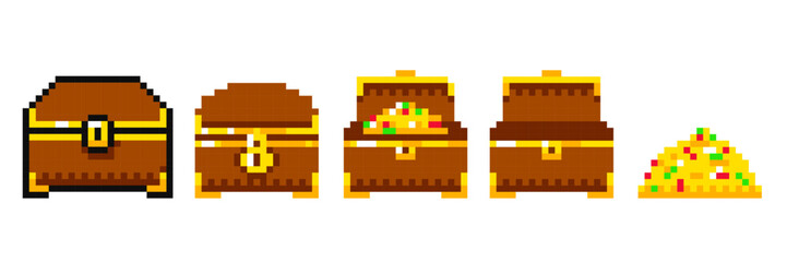 Ancient chest with gold and precious stones in pixel art style, wooden chest animation, 8 bit sprite. Open and closed chest full of jewels and empty.