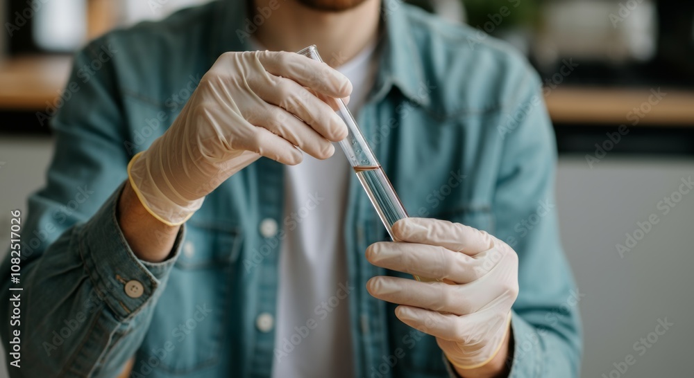Poster scientist handling test tube with liquid sample in laboratory setting