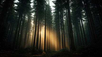 Naklejka premium Sunlight filtering through tall dense forest trees creates mystical ambiance with warm golden beams illuminating lush green foliage on forest floor.