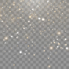 Magical light dust, dusty shine. Flying particles of light. Christmas light effect. Sparkling particles of fairy dust glow in transparent background. Vector illustration on png.