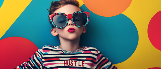 Stylish Kid Wearing Sunglasses and Striped Shirt Posing Against Colorful Background, Stylish Kid Wearing Sunglasses and Striped Shirt Posing Against
