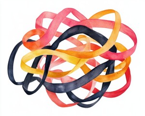 Colorful abstract ribbon shapes in a tangled arrangement on a white background.