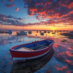Fototapeta premium A red and blue rowboat sits in calm water at sunset, with the sun reflecting off the water and the clouds creating a dramatic sky.