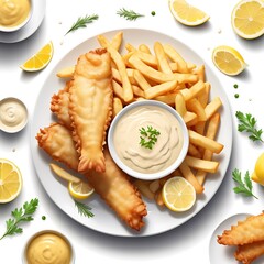 Crispy Fish and chips with a creamy tangy sauce with Lemon served