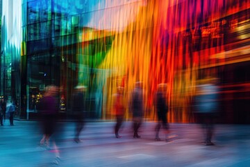 Dynamic Urban Commuters Amidst Vibrant Motion and Modern Architecture