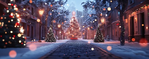 Christmas tree illuminating snowy street in charming european town