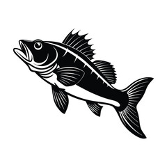 sea bass fish design, labeled linocut vector silhouette illustration.