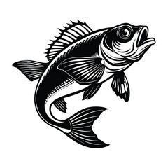 sea bass fish design, labeled linocut vector silhouette illustration.