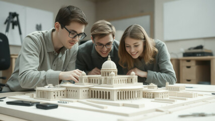 Students collaborate on architectural model, showcasing teamwork and creativity. Their focus and enthusiasm highlight importance of hands on learning in design