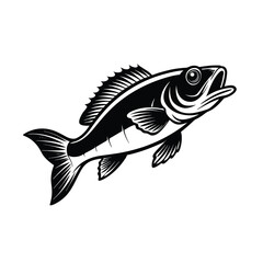 sea bass fish design, labeled linocut vector silhouette illustration.