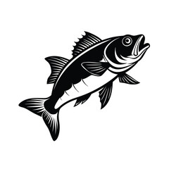 sea bass fish design, labeled linocut vector silhouette illustration.