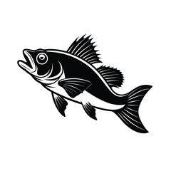 sea bass fish design, labeled linocut vector silhouette illustration.