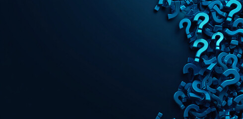 A blue background with many blue question marks scattered on the right side of the frame