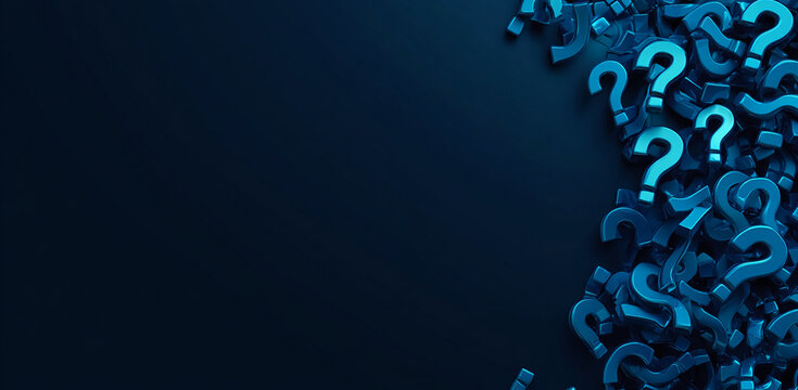 A blue background with many blue question marks scattered on the right side of the frame
