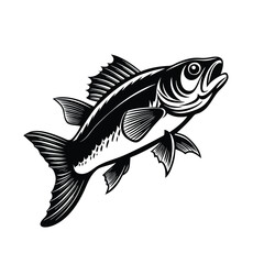 sea bass fish design, labeled linocut vector silhouette illustration.