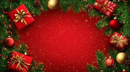 Christmas celebration decorations festive holiday atmosphere graphic design warm red background overhead view joyful spirit of giving