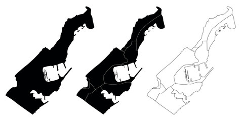 Map of the Northeast United States in three styles: solid black, regional divisions, and outline.