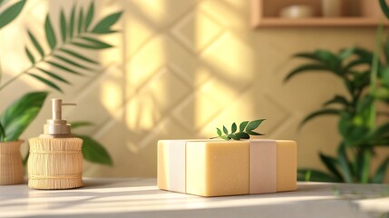 Minimalist Decorative Gift Box with Green Leaf on Top in Cozy Indoor Environment with Soft Lighting and Neutral Tones for Relaxing Atmosphere