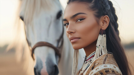 Obraz premium Native American Woman with Horse in Traditional Attire