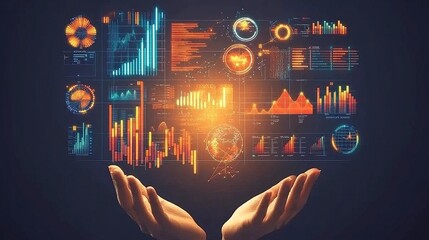 Hands holding glowing digital data and graphs.