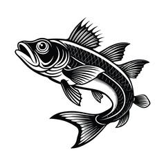 sea bass fish design, labeled linocut vector silhouette illustration.