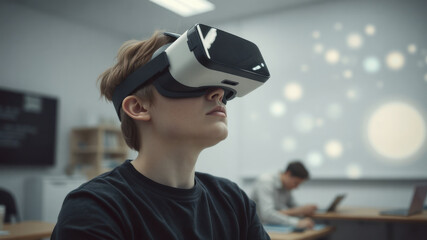 Immersive virtual reality experience in classroom setting, showcasing student wearing VR headset, deeply engaged in learning. atmosphere is focused and innovative