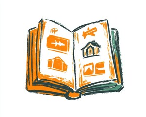 Colorful illustration of an open book with various images inside.