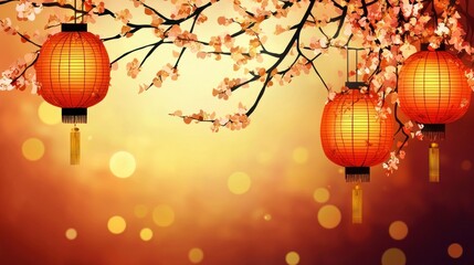 Obraz premium Beautiful lanterns hanging on cherry blossom branches with a warm bokeh background.