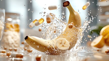 Banana partially submerged in a liquid with vitamin molecules floating, energy concept