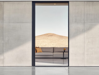 Modern interior with a view of a desert landscape through a large open doorway