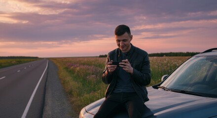 Young man using smartphone on countryside roadside at sunset for social media and relaxation