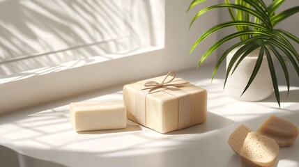 Aesthetic Arrangement of Natural Soap Bars with Gentle Light and Greenery in a Bright Indoor Setting for Relaxation and Spa Inspiration