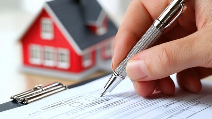 Hand signing document with pen near miniature house model, focus on paperwork.