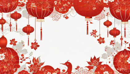 Red lanterns and flowers against a white background. Perfect for Lunar Chinese New Year or festive themed designs and decorations.