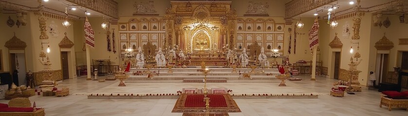 A beautifully decorated temple interior with statues and ornate architecture.