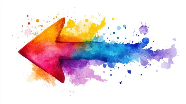 Colorful watercolor arrow with splashes, white isolate background.